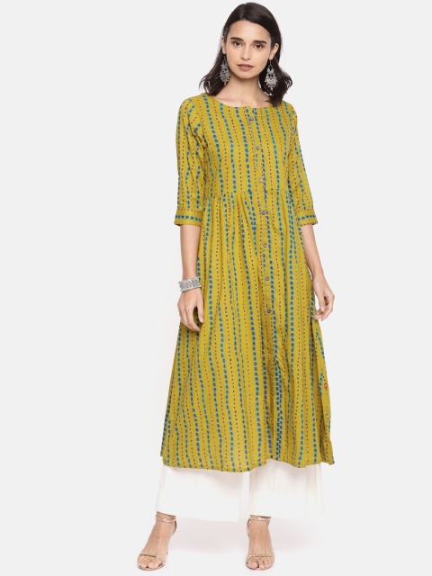 

Alena Women Mustard Yellow & Blue Printed Anarkali Kurta