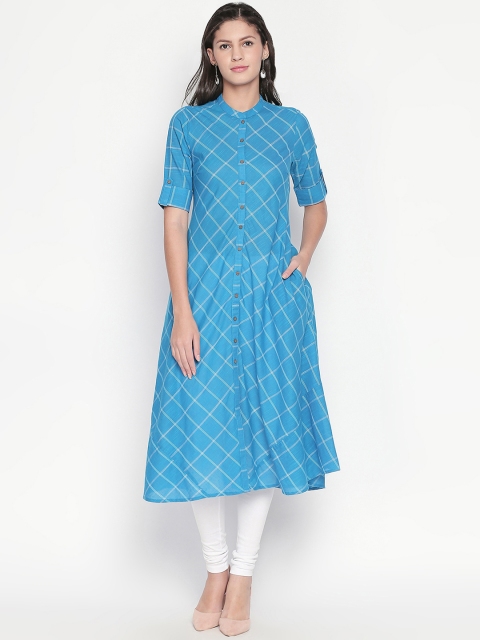 

RANGMANCH BY PANTALOONS Women Blue Checked A-Line Kurta