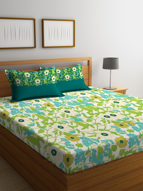 

Portico New York Green & Blue Floral 144 TC Cotton 1 Queen Bedsheet with 2 Pillow Covers