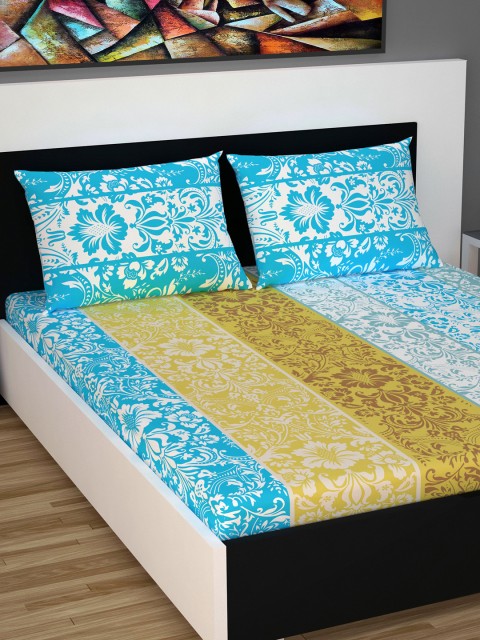 

Divine Casa Blue & Yellow Ethnic Motifs 144 TC Cotton 1 Queen Bedsheet with 2 Pillow Covers