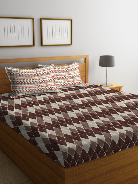

Portico New York Brown Geometric 144 TC Cotton 1 Queen Bedsheet with 2 Pillow Covers