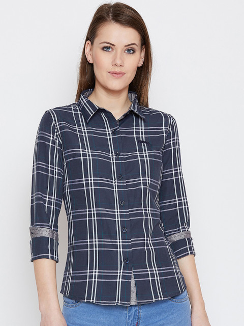 

JUMP USA Women Navy Blue & Off-White Regular Fit Checked Casual Shirt