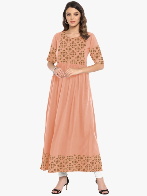 

Janasya Women Peach-Coloured Printed A-Line Kurta