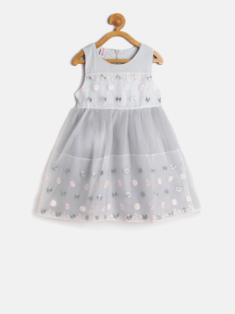 

Kids On Board Girls Grey Floral Embroidered Fit and Flare Dress
