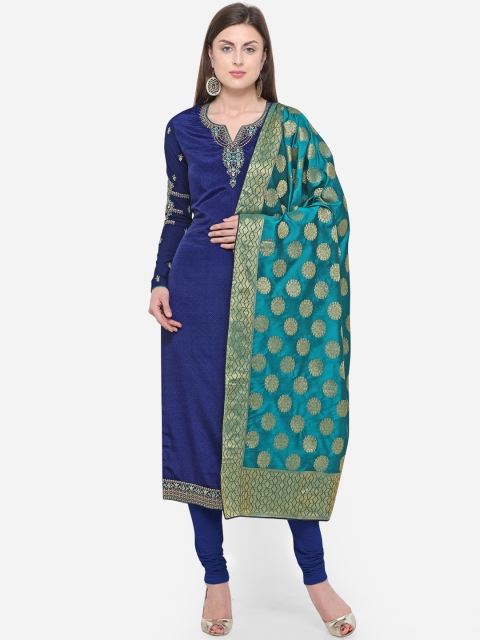 

mf Navy Blue & Teal Poly Crepe Semi-Stitched Dress Material