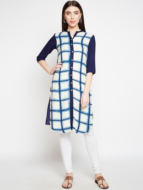 Be Indi Women Navy Blue Checked Straight Kurta