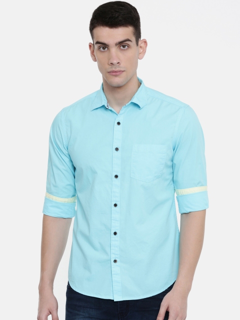 

IMYOUNG Men Turquoise Blue Slim Fit Solid Casual Shirt