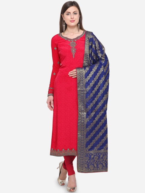 mf Fuchsia & Navy Blue Poly Crepe Semi-Stitched Dress Material
