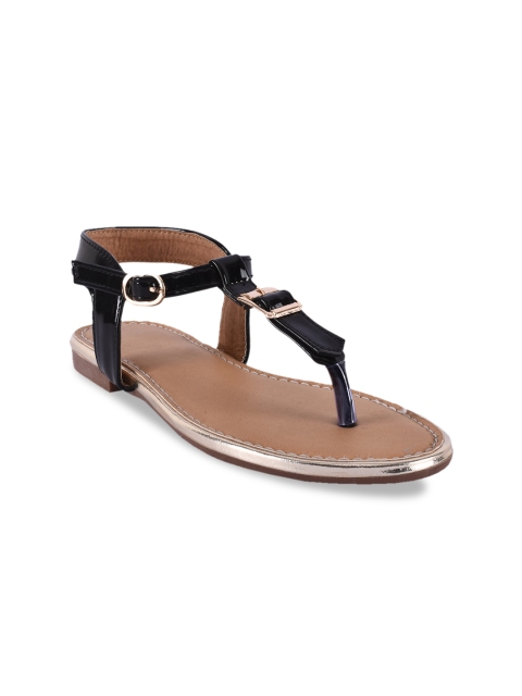 

BuckleUp Women Black Solid T-Strap Flats