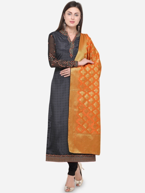 

mf Charcoal Grey & Orange Poly Crepe Semi-Stitched Dress Material