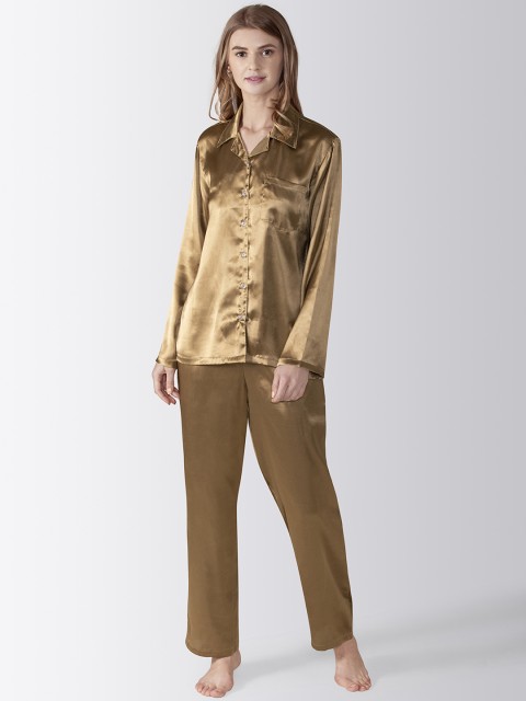 

ADORENITE Women Gold-Coloured Satin Full Sleeves Night Suit Set