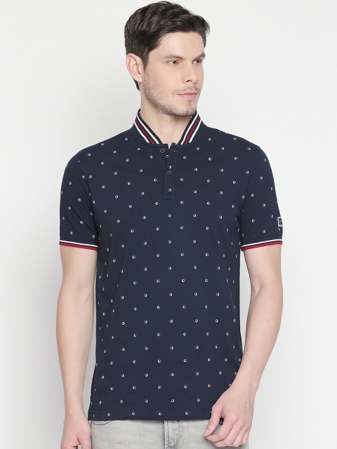 

BYFORD by Pantaloons Men Navy Blue Printed Mandarin Collar Pure Cotton T-shirt