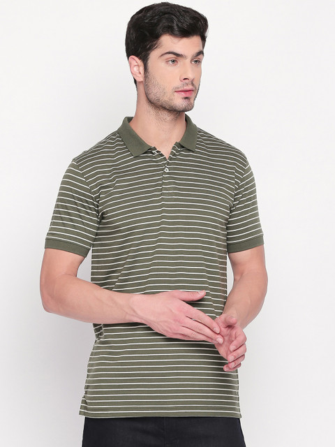 

BYFORD by Pantaloons Men Olive Green Striped Polo Collar T-shirt