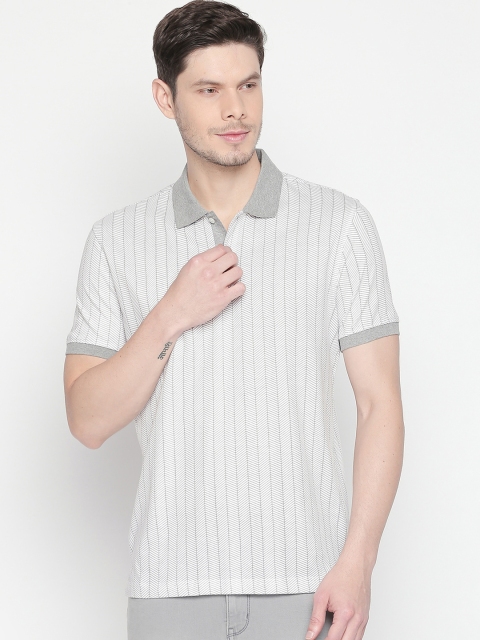 

BYFORD by Pantaloons Men White Striped Polo Collar Slim Fit T-shirt