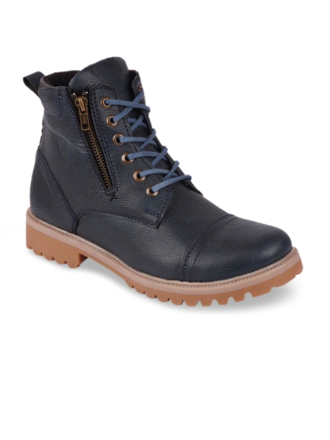 

FAUSTO Men Blue Solid Leather High-Top Flat Boots