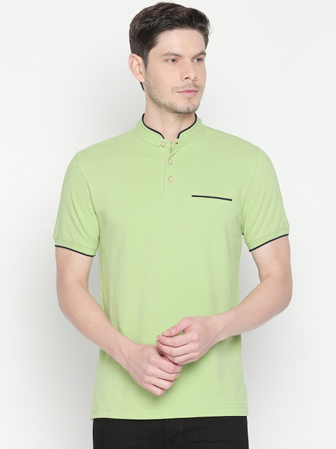 

BYFORD by Pantaloons Men Green Solid Mandarin Collar Pure Cotton T-shirt