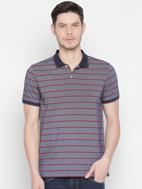 

BYFORD by Pantaloons Men Navy Blue Striped Polo Collar Slim Fit T-shirt