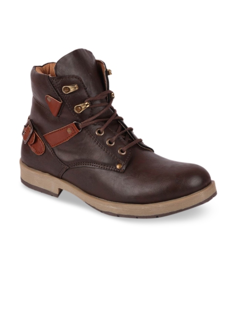 

FAUSTO Men Brown Solid Leather Mid-Top Flat Boots