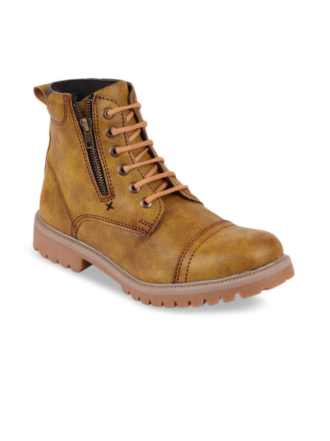 

FAUSTO Men Beige Solid Leather High-Top Flat Boots