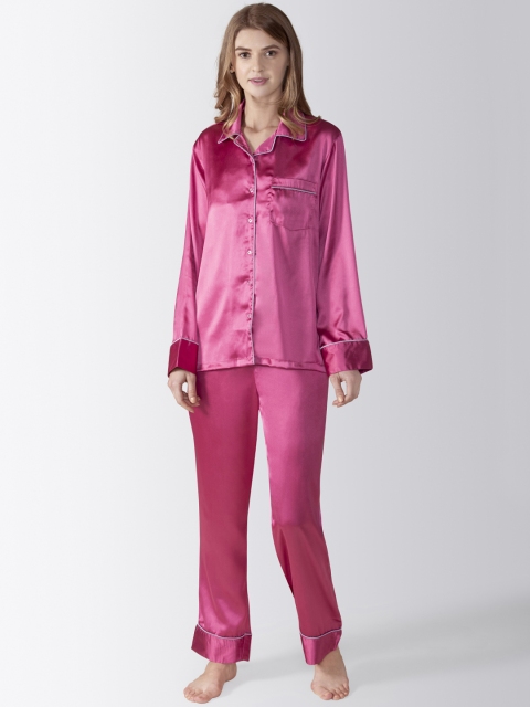 

ADORENITE Women Pink Solid Satin Shirt and Pyjama Night Suit