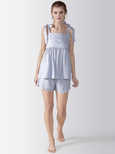 

ADORENITE Women Blue & Peach-Coloured Printed Night suit PJ020-Powder Blue