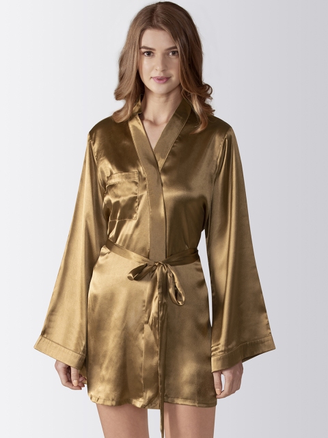 

Adorenite Women Khaki Solid Satin Robe with BRIDE Embroidery Detail