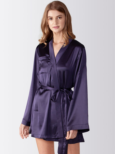 

ADORENITE Women Purple Satin Robe with Sister of the BRIDE Embroidery Detail