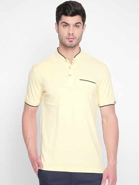 

BYFORD by Pantaloons Men Yellow Solid Mandarin Collar T-shirt