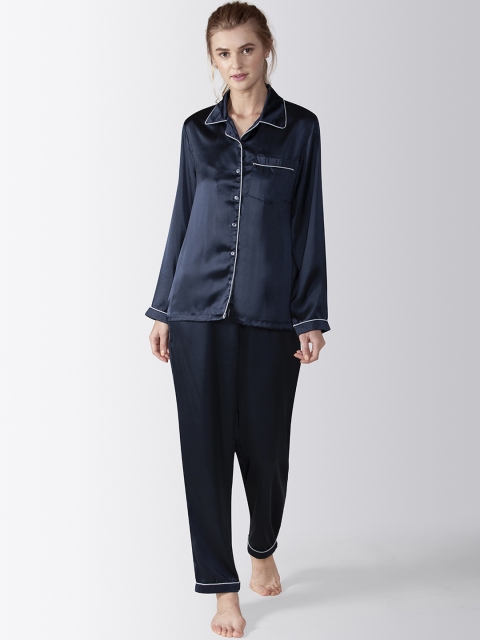 

ADORENITE Women Navy Blue Satin Solid Night Suit PJ026