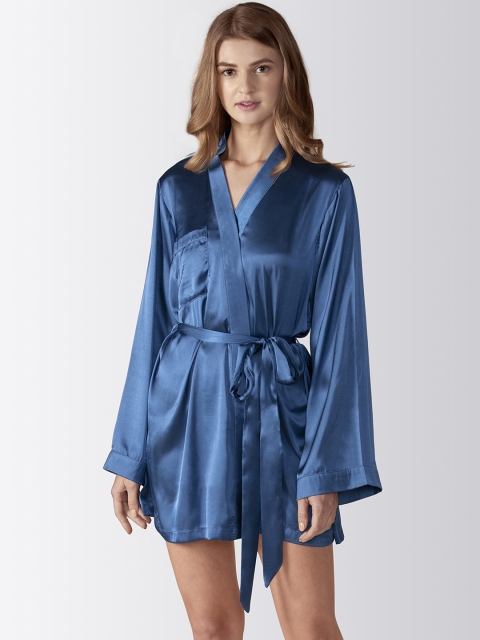 

ADORENITE Women Blue Satin Robe with TEAM BRIDE Embroidery Detail