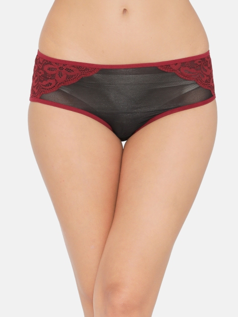 

Clovia Women Maroon & Black Self-design Lace Mid-Rise Hipster Brief PN2745N093XL