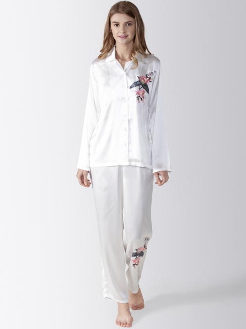 

ADORENITE Women White Satin Shirt and Pyjama Night Suit with Bird Embroidery