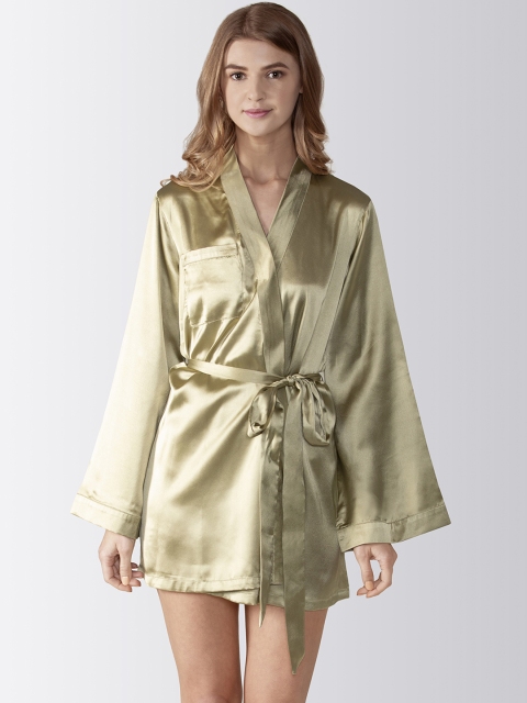 

Adorenite Women Olive Green Solid Satin Robe with with J'adore Sleep Embroidery Detail