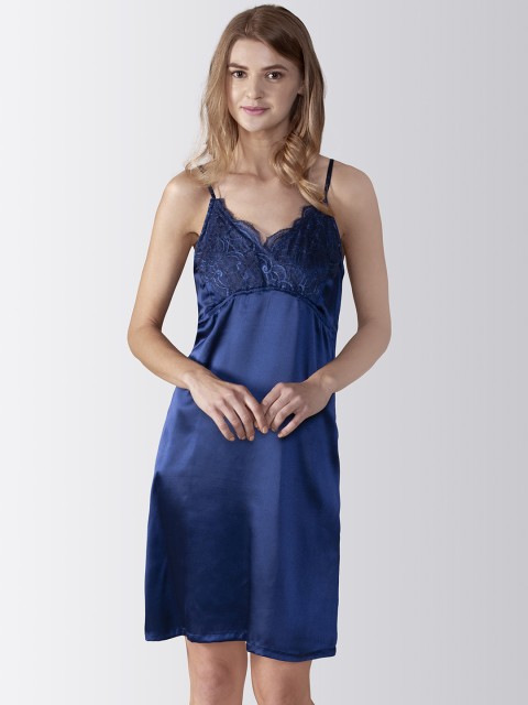 

ADORENITE Women Blue Satin Midi Night Dress With Lace Detail