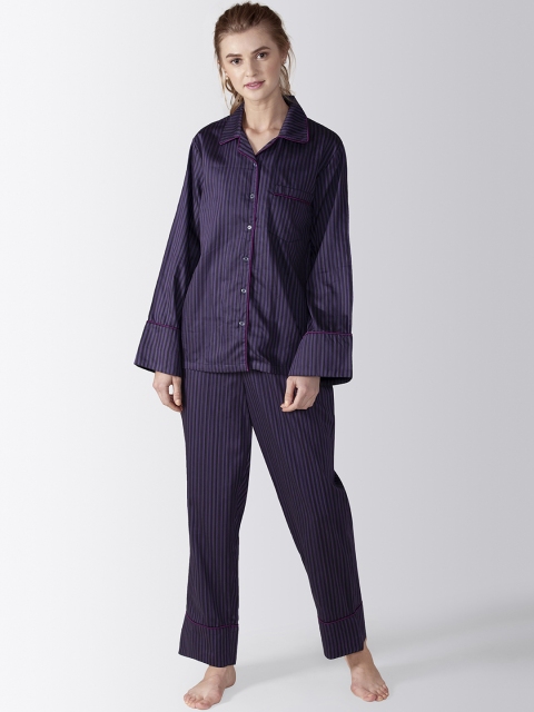 

ADORENITE Women Purple Striped Full sleeves Night Suit Shirt and Pyjama Set
