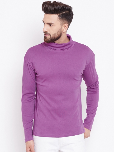 

Hypernation Men Purple Solid Turtle Neck Slim Fit Pure Cotton T-shirt