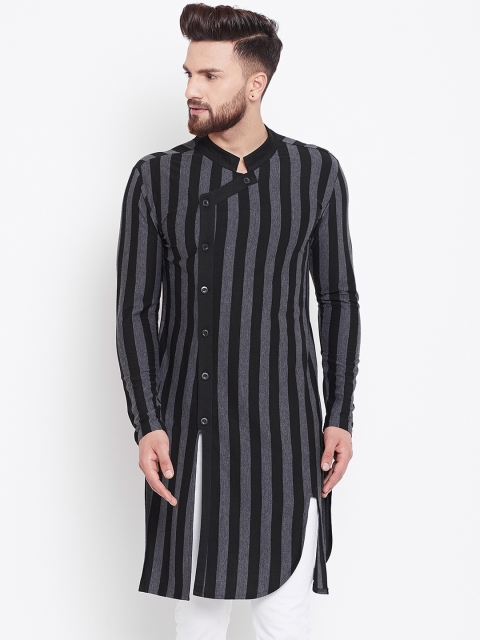 

Hypernation Men Black & Grey Striped Straight Kurta