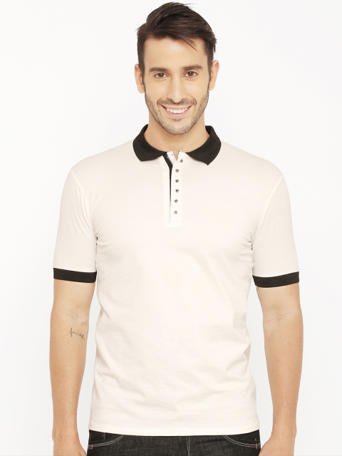

Rex Straut Jeans Men Off-White Solid Slim-Fit Polo Collar T-shirt