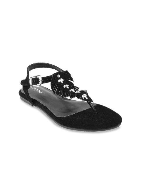 

Mochi Women Black Solid T-Strap Flats