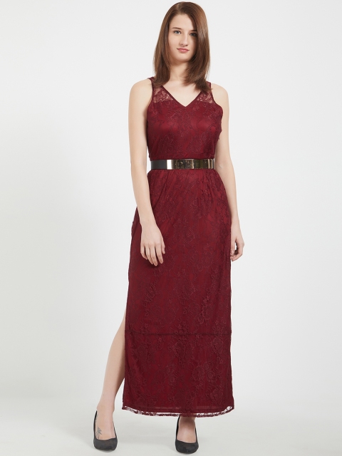 

109F Women Maroon Lace Maxi Dress