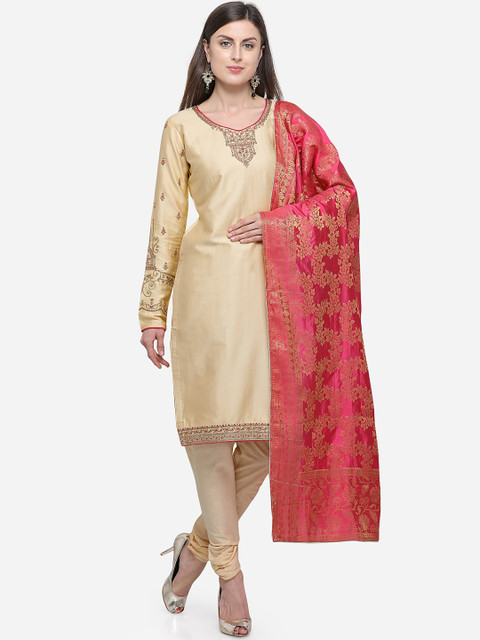 

mf Women Cream-Coloured & Pink Pure Cotton Unstitched Dress Material