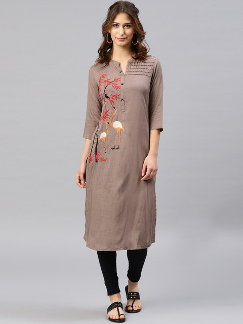 

Alena Women Taupe Quirky Embroidered Straight Kurta