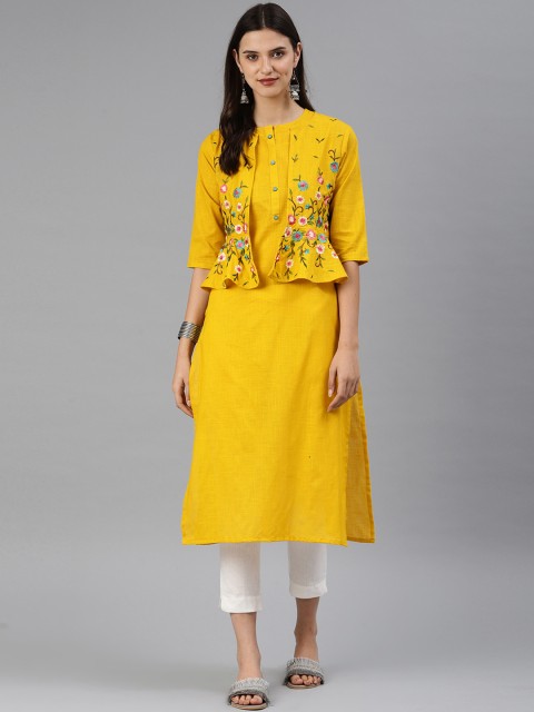 

Alena Women Mustard Yellow Floral Embroidered Straight Layered Kurta