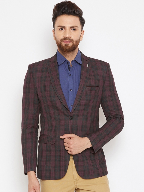 

Canary London Men Maroon & Olive Green Checked Slim Fit Single Breasted Blazer