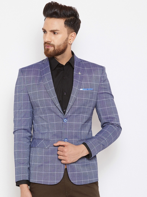 

Canary London Men Navy Blue & Grey Checked Slim Fit Single-Breasted Casual Blazer