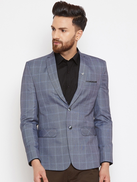 

Canary London Men Grey & Blue Checked Slim-Fit Single-Breasted Blazer