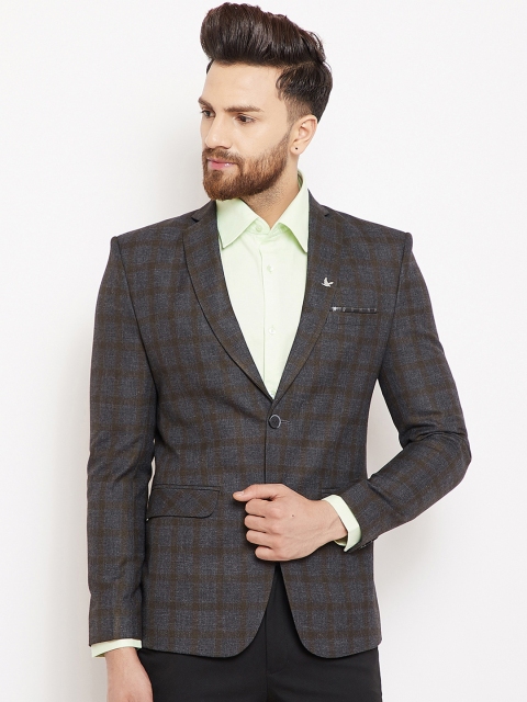 

Canary London Men Grey & Olive Green Checked Slim-Fit Single-Breasted Blazer