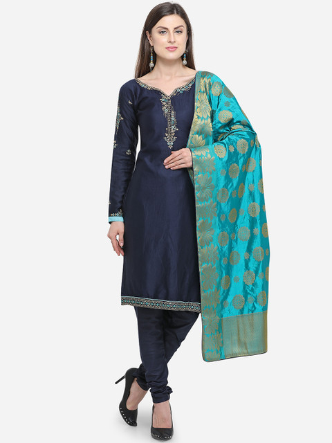 

mf Women Navy Blue & Teal Blue Pure Cotton Unstitched Dress Material