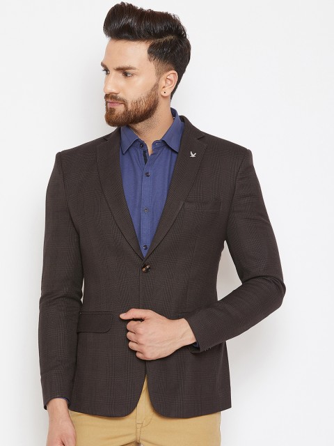 

Canary London Men Brown Checked Slim Fit Single Breasted Blazer