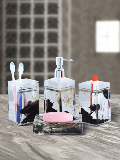 

OBSESSIONS Set of 4 Transparent & Black Printed Ceramic Bath Accessories
